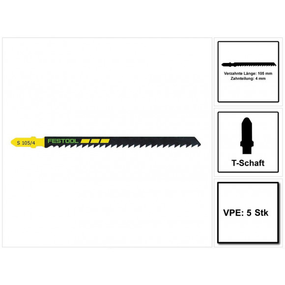 Festool S 105/4/5 Wood Basic Lame De Scie Sauteuse 5 Pièces. ( 204315 ) Avec Denture De Coupe Rapide, Acier Hcs