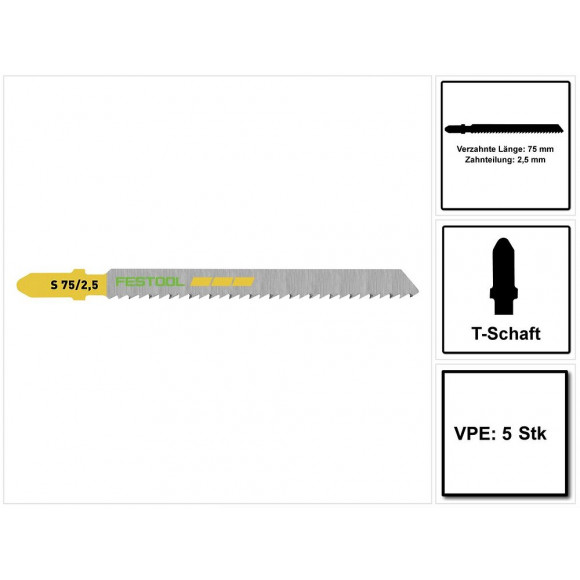 Festool S 75/2,5/5 Wood Fine Cut Lame De Scie Sauteuse 5 Pièces. ( 204256 ), Acier Hcs
