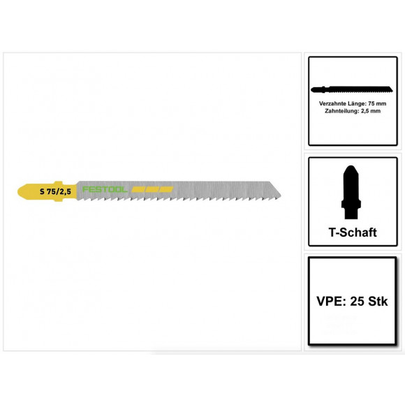 Festool S 75/2,5/25 Wood Fine Cut Lame De Scie Sauteuse 25 Pièces. ( 204257 ) , Acier Hcs Stahl