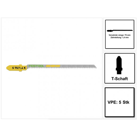 Festool  S 75/1,4 K/5 Wood Curves Lame De Scie Sauteuse 5 Pièces ( 204267 ) Aussi Pour Rayons Étroits, Acier Hcs