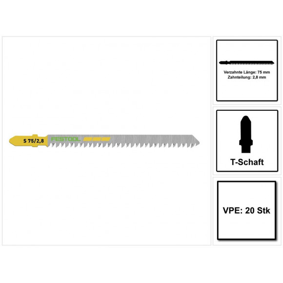 Festool S 75/2,8/20 Wood Straight Cut Lame De Scie Sauteuse 20 Pièces. ( 204261 ), Acier Hcs