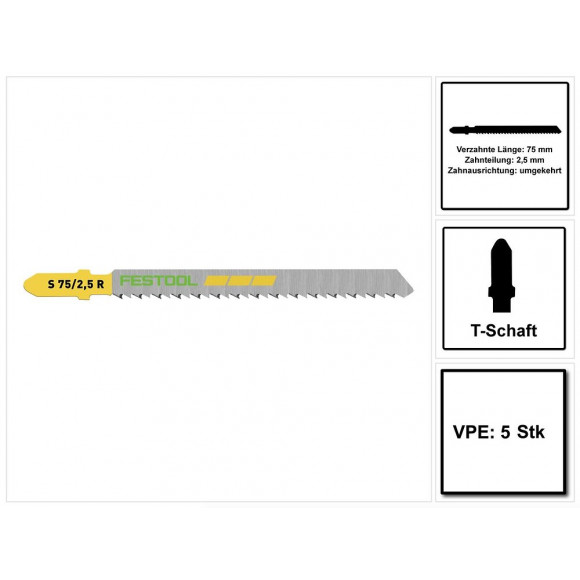 Festool S 75/2,5 R/5 Wood Fine Cut Lame De Scie Sauteuse 5 Pièces. ( 204259 ) Engrenage Inversé, Rectifié Conique Pour Une C