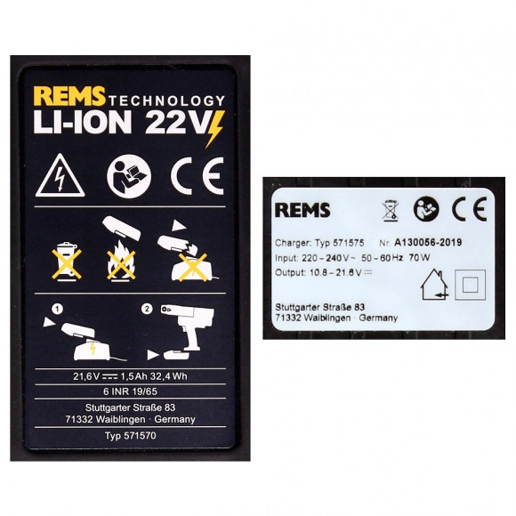 Rems Batterie Power Pack 21,6 V (22 V Max): 1x Batterie 1,5 Ah ( 571570 R22 ) + Chargeur 90 W (571585)