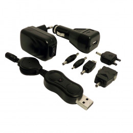Kit Chargeur Usb Composé De: 1 Adaptateur Voiture En Usb + 1 Cordon Rétractable Usb + 1 Chargeur Mural Usb + 5 Connecteurs
