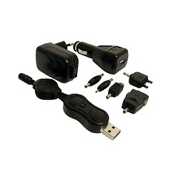 Kit Chargeur Usb Composé De: 1 Adaptateur Voiture En Usb + 1 Cordon Rétractable Usb + 1 Chargeur Mural Usb + 5 Connecteurs