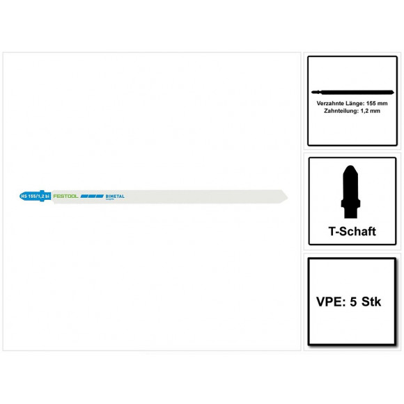 Festool Hs 155/1,2 Bi/5 Metal Sandwich Materials . Lame De Scie Sauteuse En Acier Bi-métal - 5 Pièces ( 204337 ) Forme De Bas
