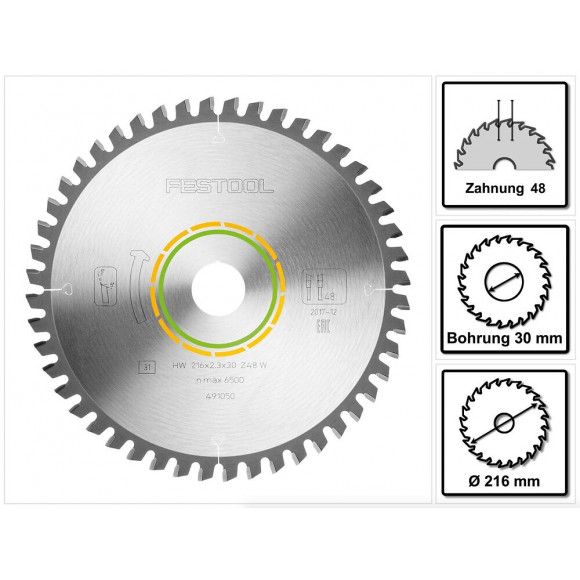 Festool W48 Lame De Scie Denture Fine ( 491050 ) 216 X 2,3 X 30 Pour Scie À Onglets Symmetric Sym 70