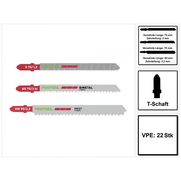 Festool Sts-sort/22 Plastics Lames De Scie Sauteuse - 22 Pièces. ( 2x 204336 / 2x 204268 / 2x 204269 ) Pour Tous Plastiques/st