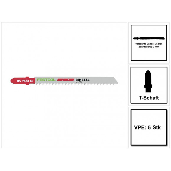 Festool Hs 75/3 Bi/5 Plastics Solid Materials Lame De Scie Sauteuse En Acier Bi-métal - 5 Pièces ( 204336 ) Pour Matériaux R