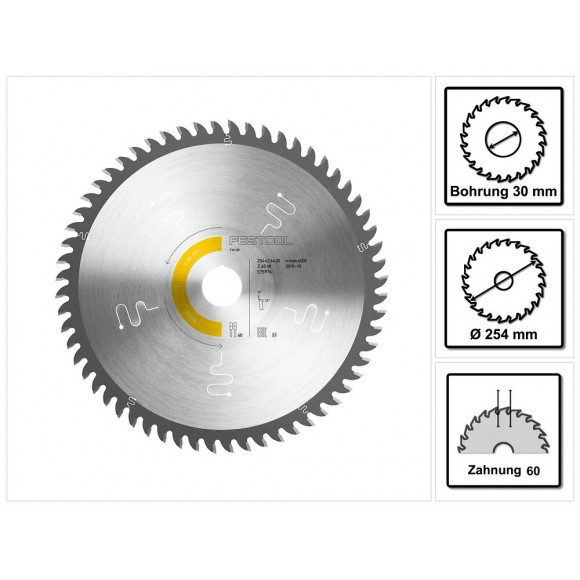 Festool Lame De Scie Circulaire À Dents Fines W60 254 X 2,4 X 30 Mm Pour Scie Circulaire De Table Tks 80