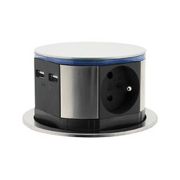 Bloc Multiprise Encastrable Compact Led 3 Prises 16a 2p+t & 2x Usb - Finition Inox - Otio