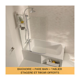 Ensemble Baignoire Bain Douche Blanc + Pare Bain + Tablier Malice, 160 X 85 - Version Droite
