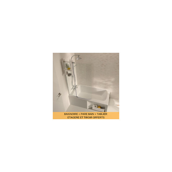 Ensemble Baignoire Bain Douche Blanc + Pare Bain + Tablier Malice, 170 X 90 - Version Droite