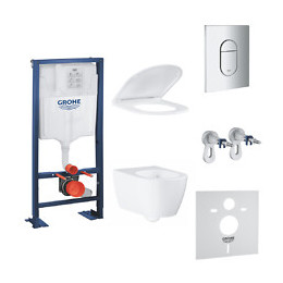 Pack Wc Suspendu Sans Bride Essence + Abattant + Plaque Chromée + Bâti Grohe