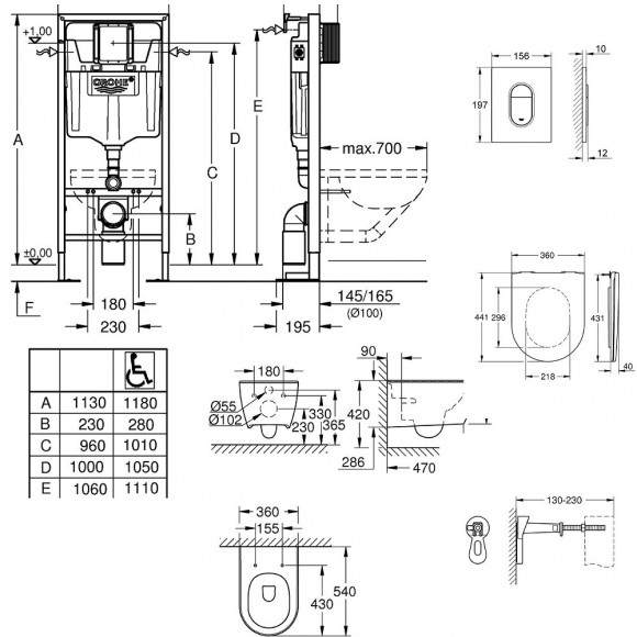 Pack Wc Suspendu Sans Bride Essence + Abattant + Plaque Chromée + Bâti Grohe