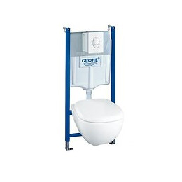 Pack Wc Suspendu Compact Sans Bride O.novo + Abattant + Plaque + Bâti Grohe, Plaque Blanche