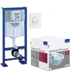 Pack Wc Suspendu Sans Bride Subway 2.0 + Abattant + Plaque Blanche + Bâti Grohe