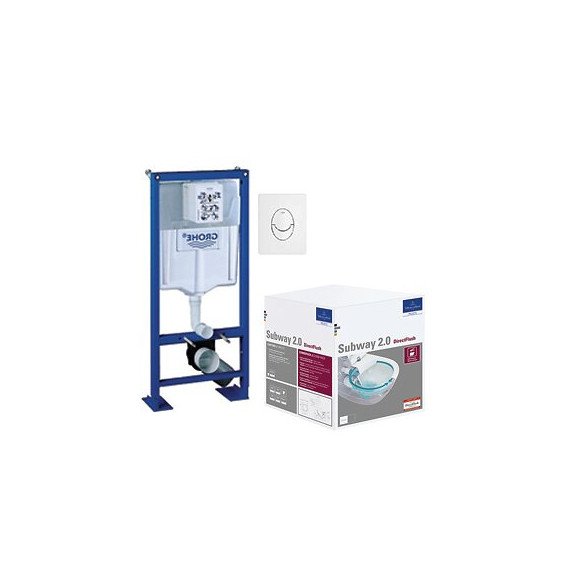 Pack Wc Suspendu Sans Bride Subway 2.0 + Abattant + Plaque Blanche + Bâti Grohe