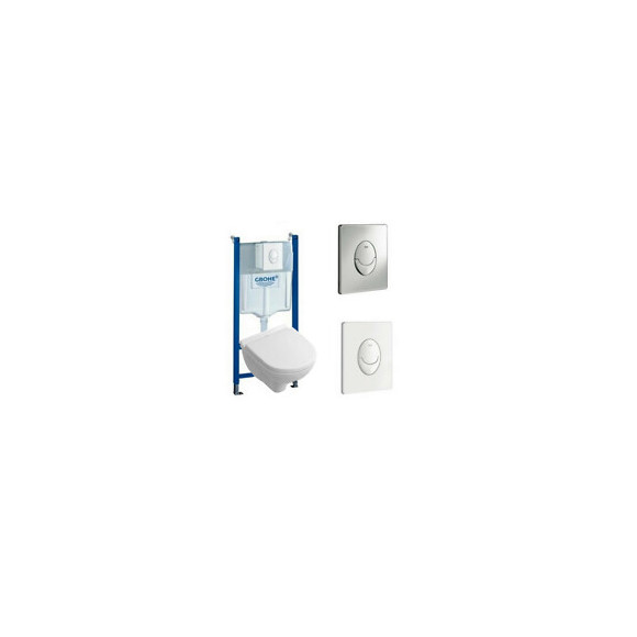 Pack Wc Suspendu Compact Sans Bride O.novo + Abattant + Plaque + Bâti Grohe, Plaque Blanche