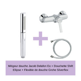 Mitigeur De Douche Eo + Douchette 2 Jets Shift Ellipse + Flexible Silverflex