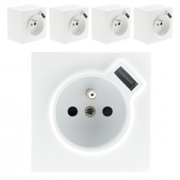 Lot De 5 Prises 2p+t + Usb 2.4a En Saillie Blanc Ral 9010