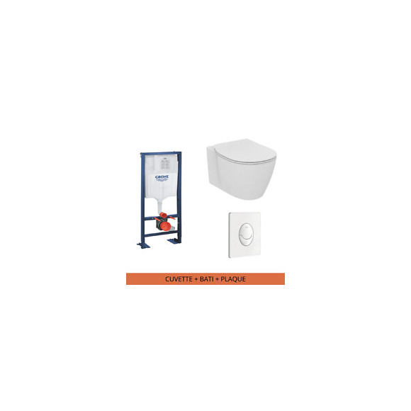 Ideal Standard Pack Wc Suspendu Compact Connect Space + Abattant + Plaque + Bâti Grohe, Blanc Alpin