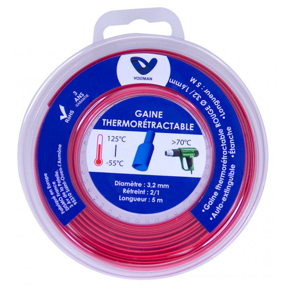 Gaine Thermorétractable En Dévidoir Ø 3,2/1,6mm X 5 Mètres Rouge