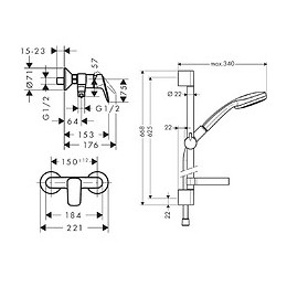 Hansgrohe Pack Mitigeur Douche Mécanique Mural 2 Trous Logis 1 Sortie Chrome Complet