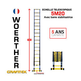 Echelle Télescopique Woerther 5m20 Avec Barre Stabilisatrice - Garantie 5 Ans - Qualité Supérieur
