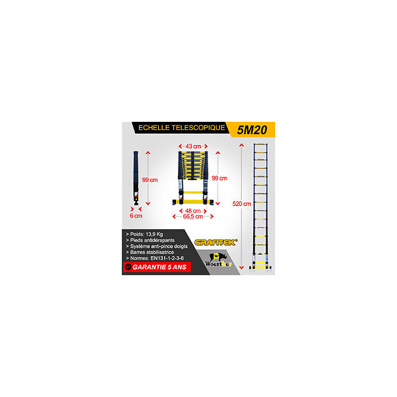 Echelle Télescopique Woerther 5m20 Avec Barre Stabilisatrice - Garantie 5 Ans - Qualité Supérieur