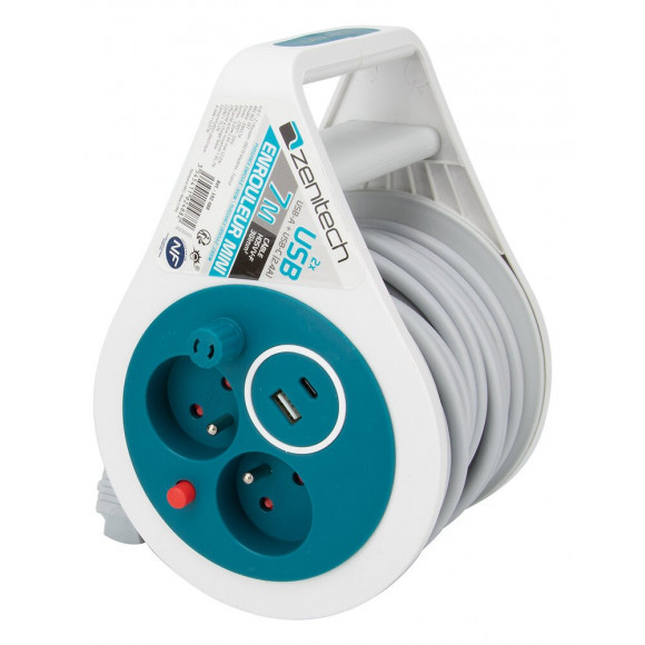 Mini Enrouleur Design 2 Prises + 2 Usb 7 Mètres Bleu - Zenitech