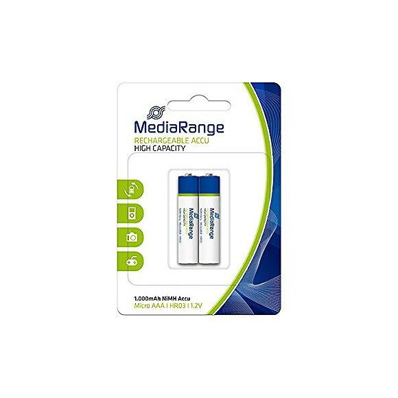 Pack De 2 Piles Rechargeables Mediarange Haute Capacité Nimh Accus Micro Aaa Hr03 1.2v
