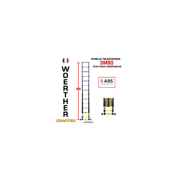 Echelle Télescopique Woerther 3m80 Avec Barre Stabilisatrice - Garantie 5 Ans - Qualité Supérieur