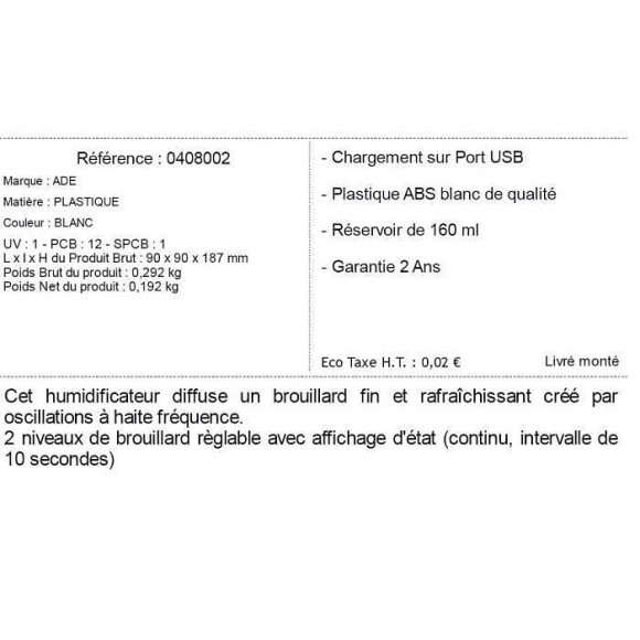 Ade Humidificateur Hm 1800-1 - Blanc