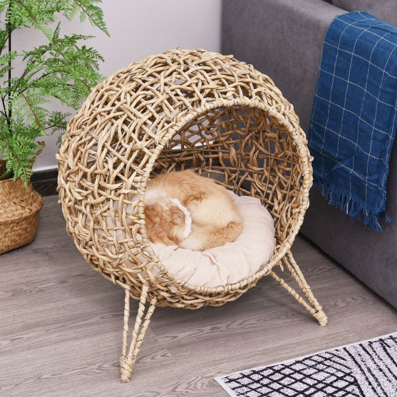 Panier Chat Lit Chat Cosy Grand Confort Dim. Ø 52 X 58h Cm Coussin Moelleux Inclus Résine Tressée Imitation Rotin Beige