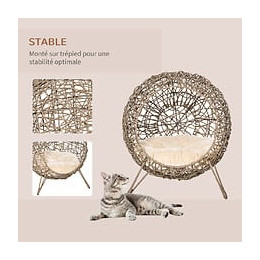 Panier Chat Lit Chat Cosy Grand Confort Dim. Ø 52 X 58h Cm Coussin Moelleux Inclus Résine Tressée Imitation Rotin Grège