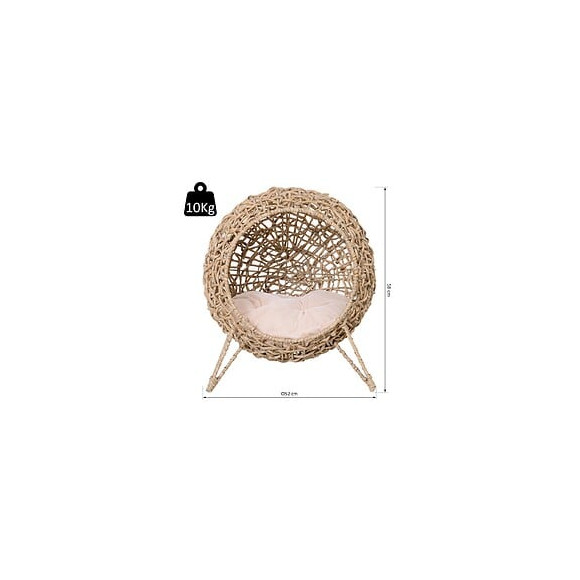 Panier Chat Lit Chat Cosy Grand Confort Dim. Ø 52 X 58h Cm Coussin Moelleux Inclus Résine Tressée Imitation Rotin Beige