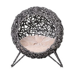Panier Chat Lit Chat Cosy Grand Confort Dim. Ø 52 X 58h Cm Coussin Moelleux Beige Inclus Résine Tressée Imitation Rotin Gris