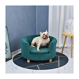 Canapé Chien Lit Pour Chien Chat Avec Accoudoirs Coussin Moelleux Pieds Bois Massif Dim. 65 X 64 X 37 Cm Velours Bleu Canard
