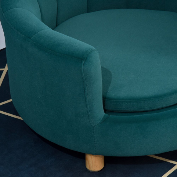 Canapé Chien Lit Pour Chien Chat Avec Accoudoirs Coussin Moelleux Pieds Bois Massif Dim. 65 X 64 X 37 Cm Velours Bleu Canard