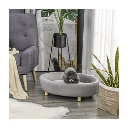 Canapé Lit Panier Chien Chat Sur Pied Coussin Moelleux Pieds Bois Massif Bouleau Dim. 81l X 61l X 24h Cm Velours Polyester Gri