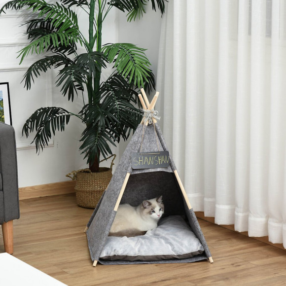 Tente Tipi Pour Animaux - Teepee Chat Ou Chien - Coussin Épais Grand Confort Inclus - Structure Bois De Pin Feutre Peluche Pv 