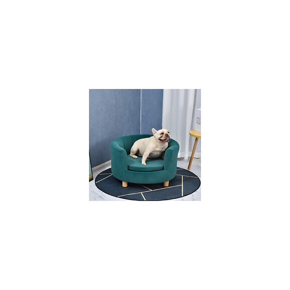 Canapé Chien Lit Pour Chien Chat Avec Accoudoirs Coussin Moelleux Pieds Bois Massif Dim. 65 X 64 X 37 Cm Velours Bleu Canard