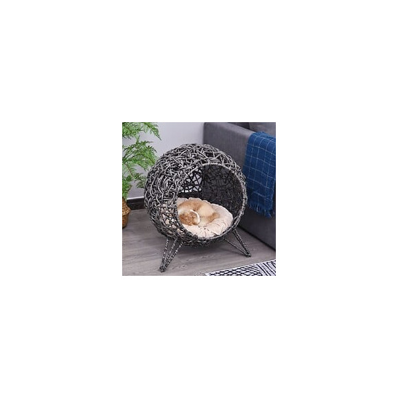 Panier Chat Lit Chat Cosy Grand Confort Dim. Ø 52 X 58h Cm Coussin Moelleux Beige Inclus Résine Tressée Imitation Rotin Gris