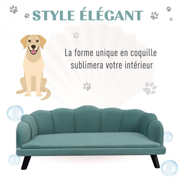 Canapé Chien Lit Pour Chien Chat Design Contemporain Coquillage Dim. 98l X 60l X 35h Cm Coussin Moelleux Velours Vert