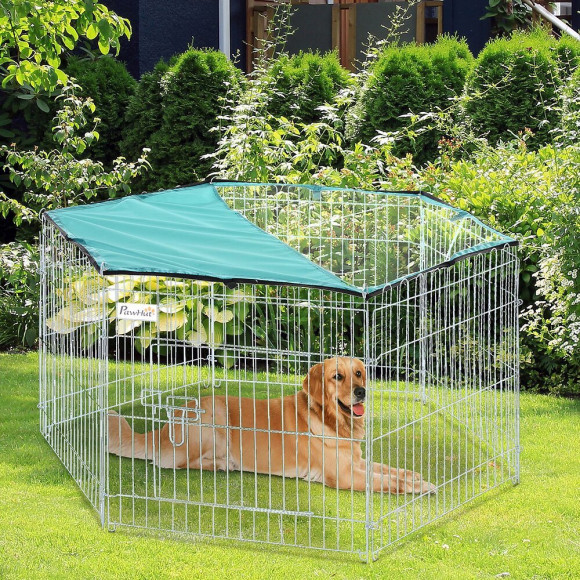 Parc Enclos Modulable Acier 6 Panneaux Et 1 Porte Pour Chiens Ø 120 X 60 Cm Gris Métal Vert