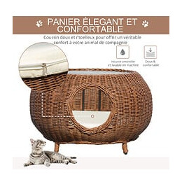 Panier Chat Cosy Grand Confort Table Basse 2 En 1 Coussin Amovible Déhoussable Résine Tressée Marron