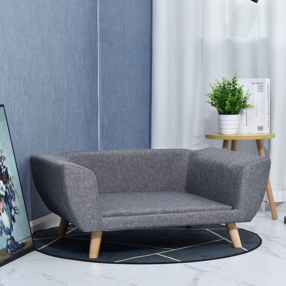 Canapé Chien Lit Pour Chien Design Scandinave Coussin Moelleux Pieds Bois Massif Dim. 87 X 61 X 36 Cm Polyester Gris