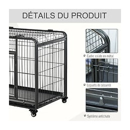 Cage Pour Chien Pliable Cage De Transport Sur Roulettes 2 Portes Verrouillables Plateau Amovible Dim. 125l X 76l X 81h Cm Méta