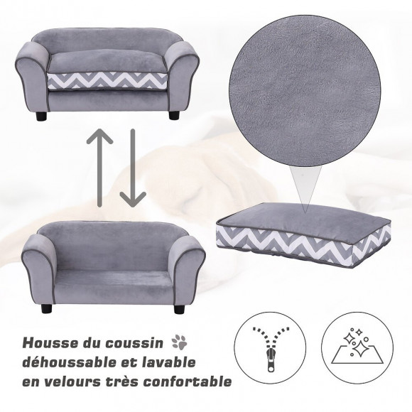 Canapé Chien Chat Sur Pied Style Graphique Contemporain Coussin Amovible Lavable Grand Confort 74l X 41l X 33h Cm Gris Blanc